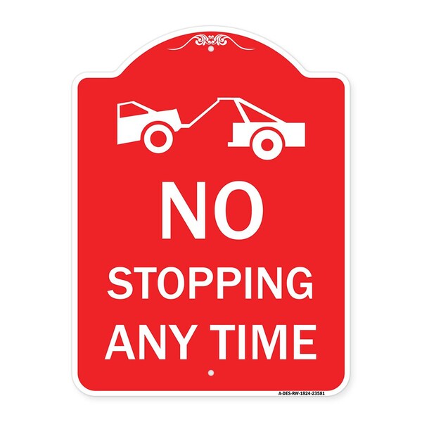 No Stopping Anytime W/ Tow Away Graphic, Red & White Aluminum Sign, 18" x 24", RW-1824-23581